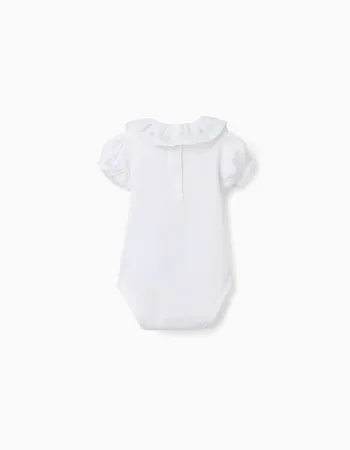 Cotton bodysuit with embroidered collar for newborn girls, white/green