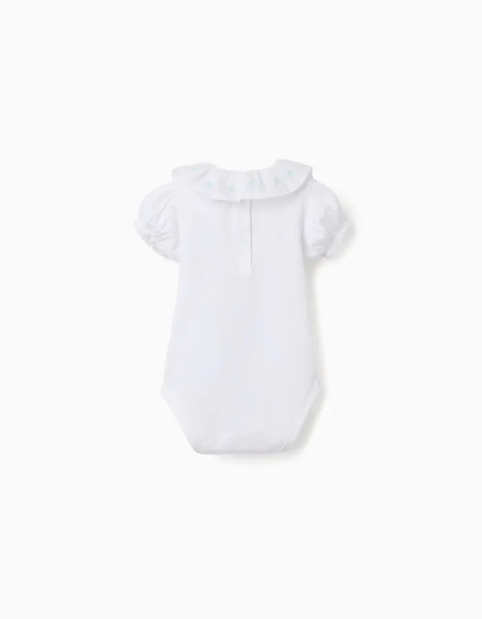 Cotton bodysuit with embroidered collar for newborn girls, white/green
