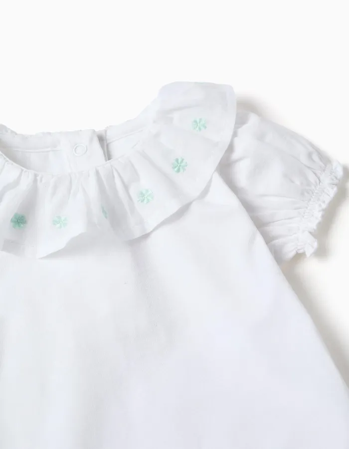 Cotton bodysuit with embroidered collar for newborn girls, white/green