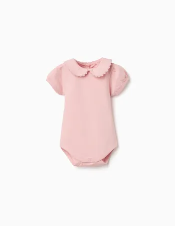 Cotton bodysuit with Peter Pan collar for newborn girls, light pink