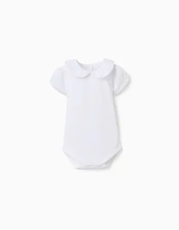 Cotton bodysuit with Peter Pan collar for newborn girls, white