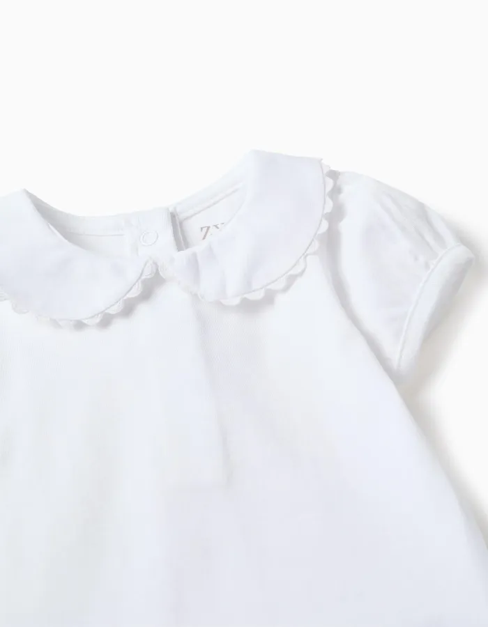 Cotton bodysuit with Peter Pan collar for newborn girls, white