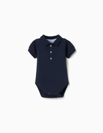 Short sleeve cotton polo bodysuit for newborn boys, dark blue