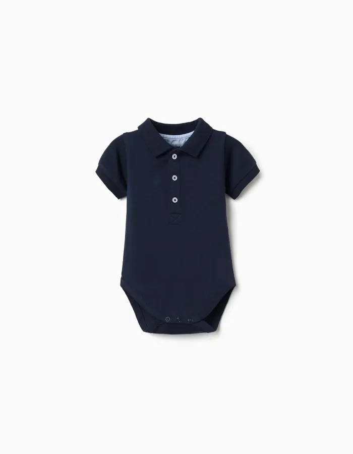 Short sleeve cotton polo bodysuit for newborn boys, dark blue