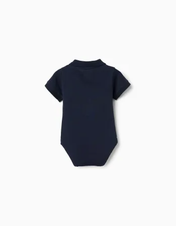 Short sleeve cotton polo bodysuit for newborn boys, dark blue