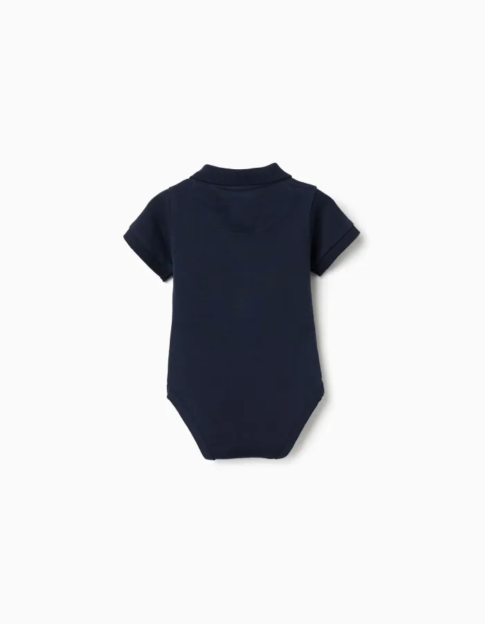 Short sleeve cotton polo bodysuit for newborn boys, dark blue