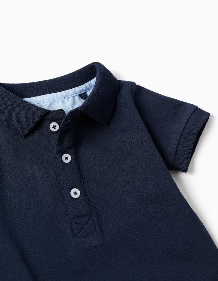 Short sleeve cotton polo bodysuit for newborn boys, dark blue