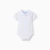 Short sleeve cotton polo bodysuit for newborn boys, white