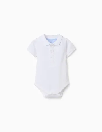 Short sleeve cotton polo bodysuit for newborn boys, white
