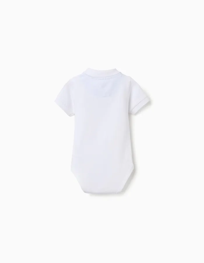 Short sleeve cotton polo bodysuit for newborn boys, white