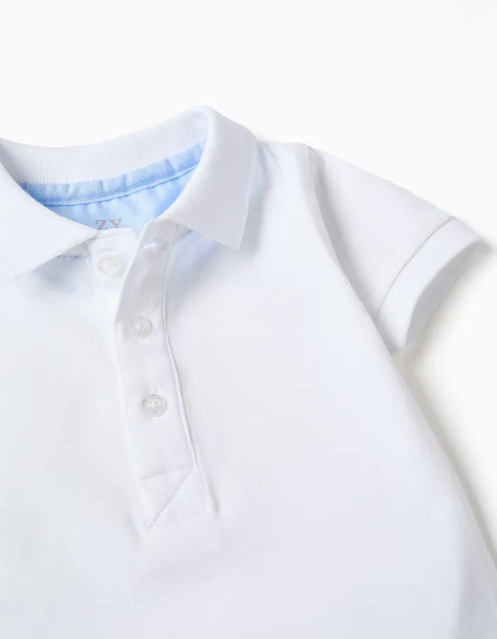 Short sleeve cotton polo bodysuit for newborn boys, white