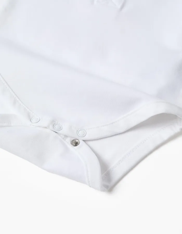 Short sleeve cotton polo bodysuit for newborn boys, white