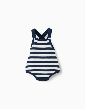 Cotton knitted romper with stripes for newborns, dark blue/white