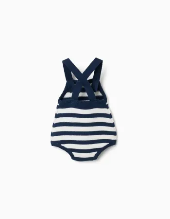Cotton knitted romper with stripes for newborns, dark blue/white