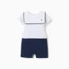 Cotton piqué romper with Mickey for newborn boys, white/dark blue