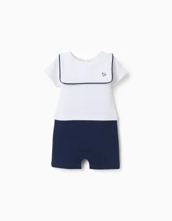Cotton piqué romper with Mickey for newborn boys, white/dark blue