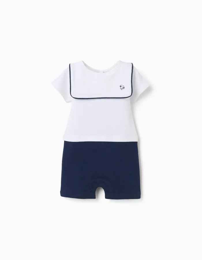 Cotton piqué romper with Mickey for newborn boys, white/dark blue