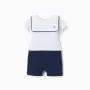 Cotton piqué romper with Mickey for newborn boys, white/dark blue