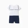 Cotton piqué romper with Mickey for newborn boys, white/dark blue