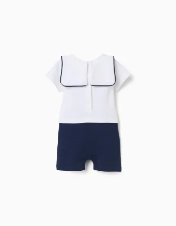Cotton piqué romper with Mickey for newborn boys, white/dark blue