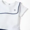 Cotton piqué romper with Mickey for newborn boys, white/dark blue