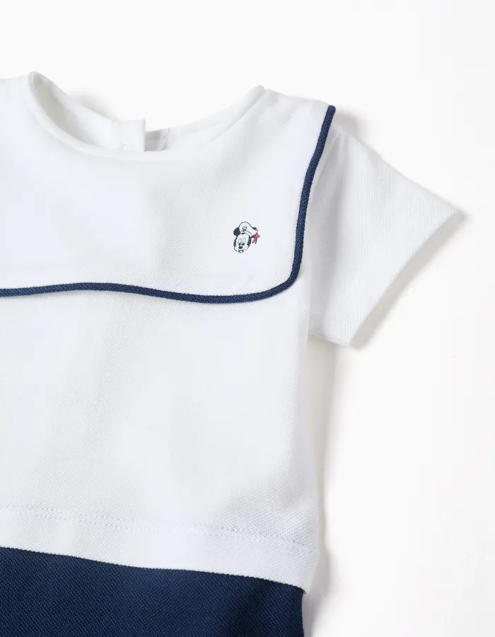 Cotton piqué romper with Mickey for newborn boys, white/dark blue