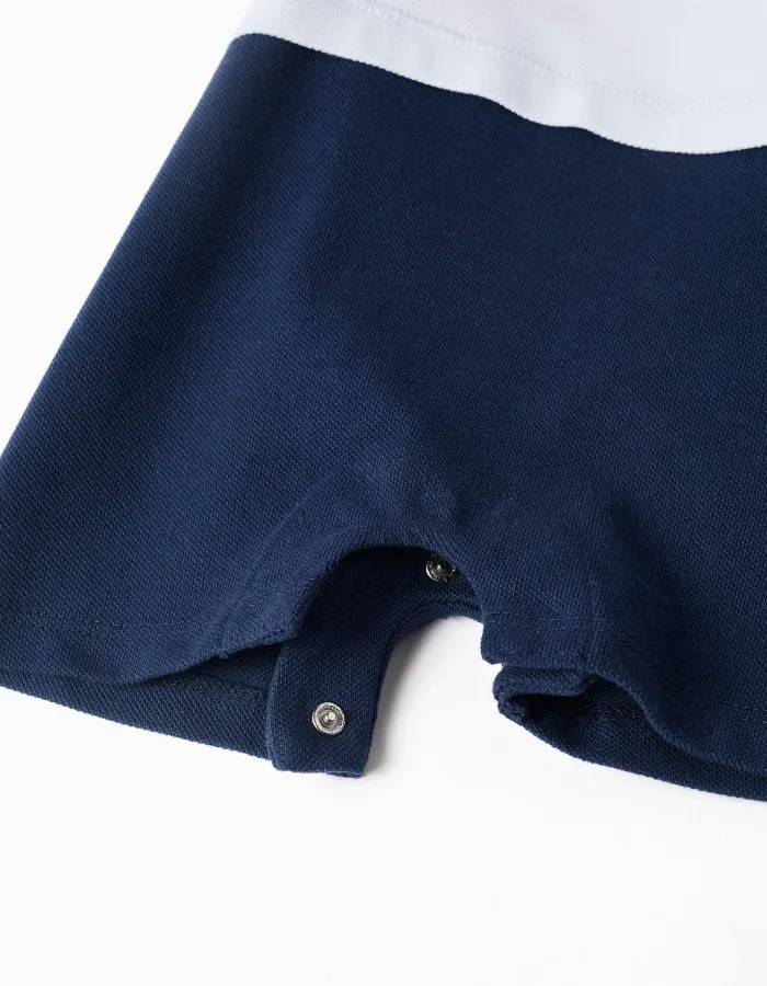 Cotton piqué romper with Mickey for newborn boys, white/dark blue