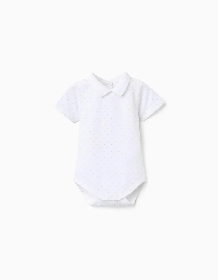 Cotton bodysuit with pattern for newborn boys, white/light blue