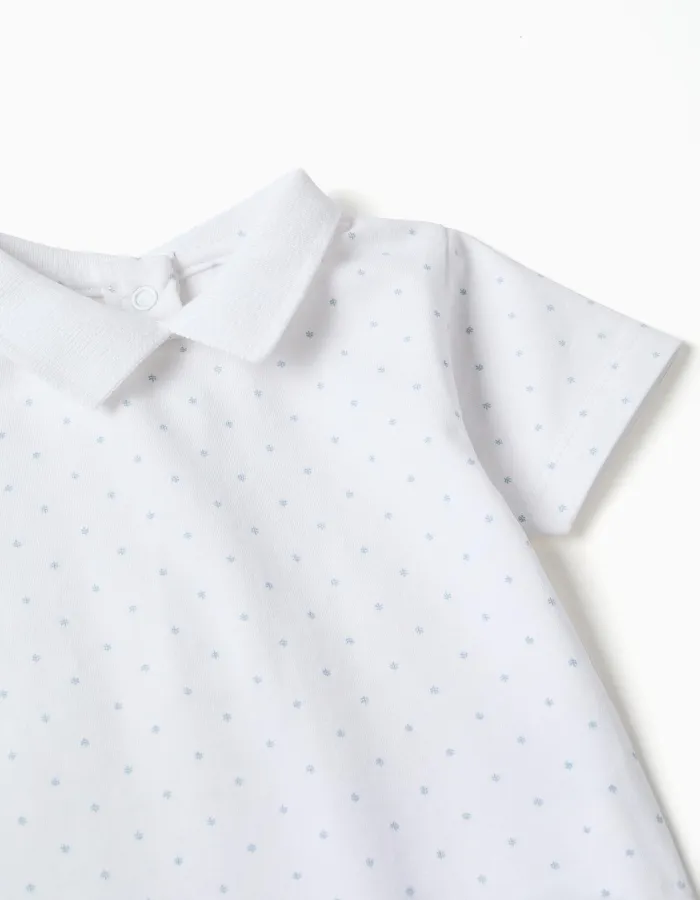 Cotton bodysuit with pattern for newborn boys, white/light blue