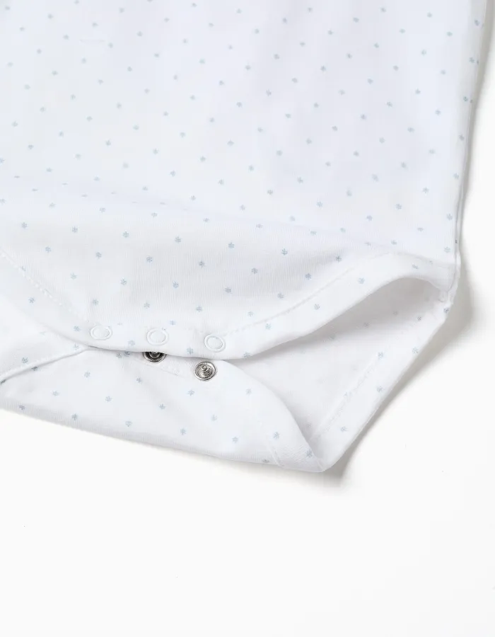 Cotton bodysuit with pattern for newborn boys, white/light blue