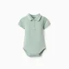 Cotton polo bodysuit with stripes for newborn boys, light green