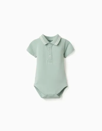 Cotton polo bodysuit with stripes for newborn boys, light green