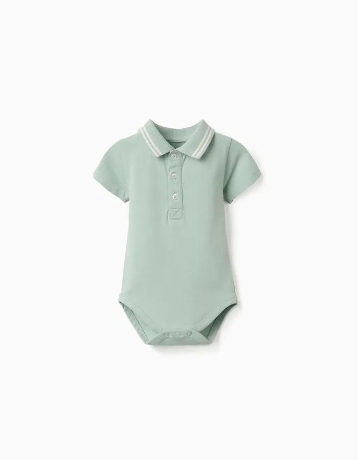 Cotton polo bodysuit with stripes for newborn boys, light green