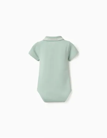 Cotton polo bodysuit with stripes for newborn boys, light green