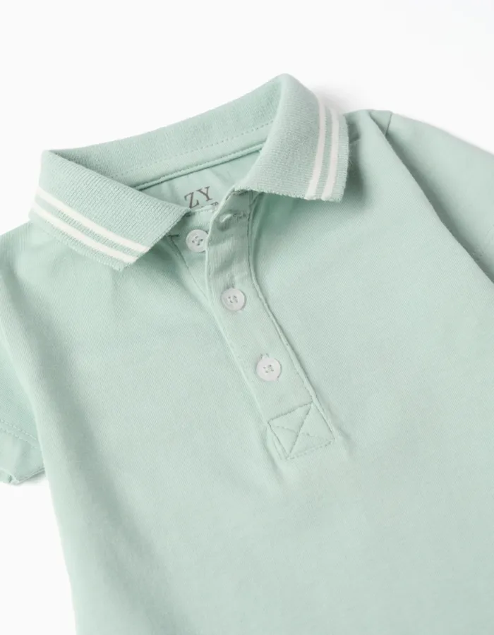 Cotton polo bodysuit with stripes for newborn boys, light green