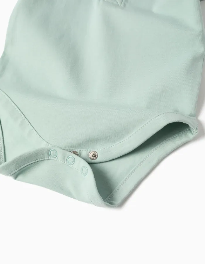 Cotton polo bodysuit with stripes for newborn boys, light green