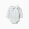 Long sleeve polo bodysuit with stripes for newborn boys, beige/blue