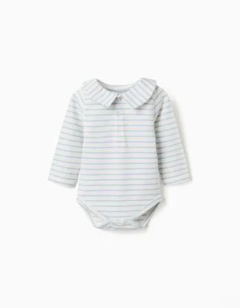 Long sleeve polo bodysuit with stripes for newborn boys, beige/blue