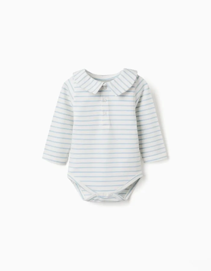 Long sleeve polo bodysuit with stripes for newborn boys, beige/blue