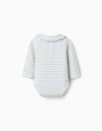 Long sleeve polo bodysuit with stripes for newborn boys, beige/blue