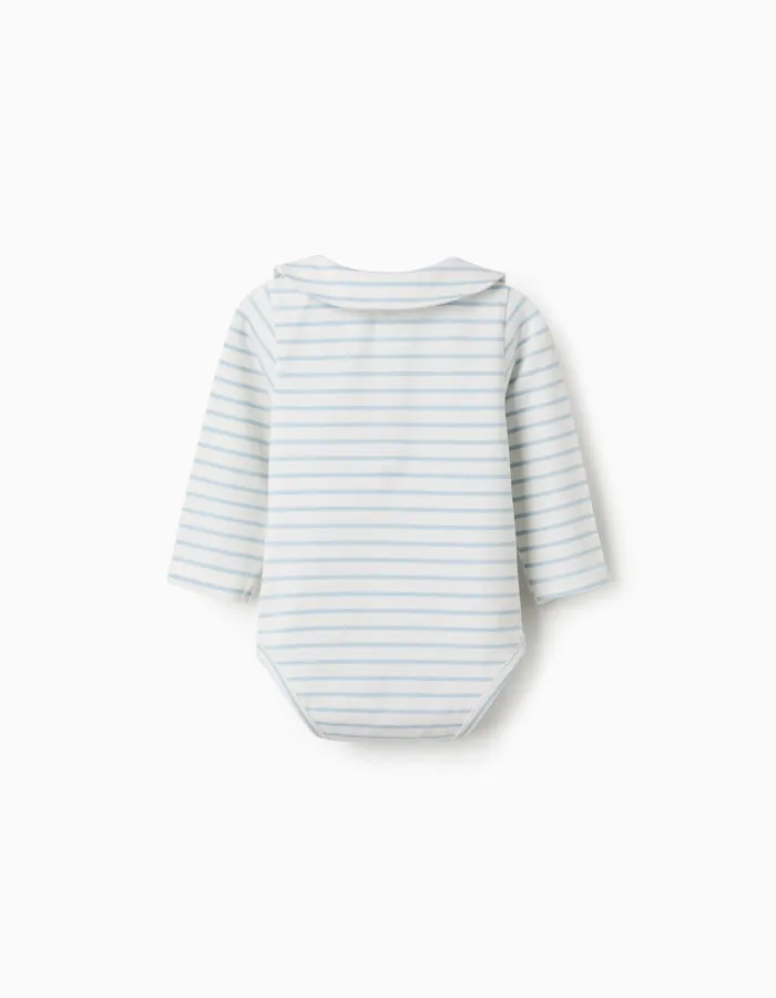 Long sleeve polo bodysuit with stripes for newborn boys, beige/blue