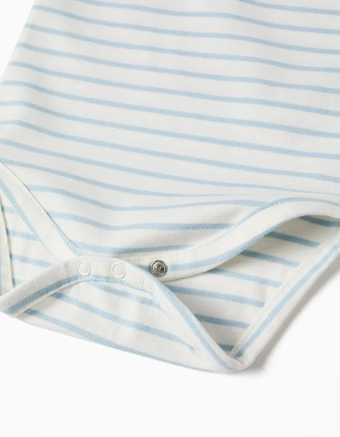 Long sleeve polo bodysuit with stripes for newborn boys, beige/blue