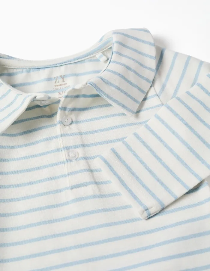 Long sleeve polo bodysuit with stripes for newborn boys, beige/blue