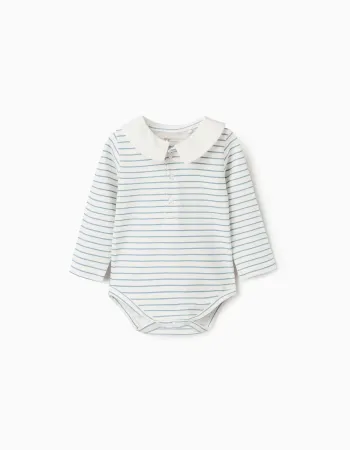 Long sleeve striped cotton bodysuit for newborn boys, white/blue