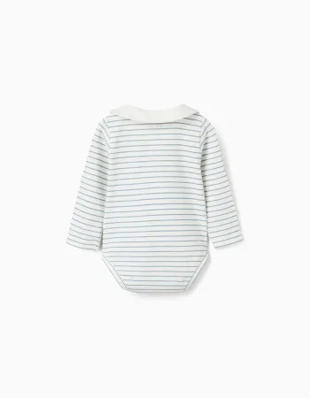 Long sleeve striped cotton bodysuit for newborn boys, white/blue