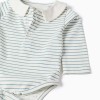 Long sleeve striped cotton bodysuit for newborn boys, white/blue