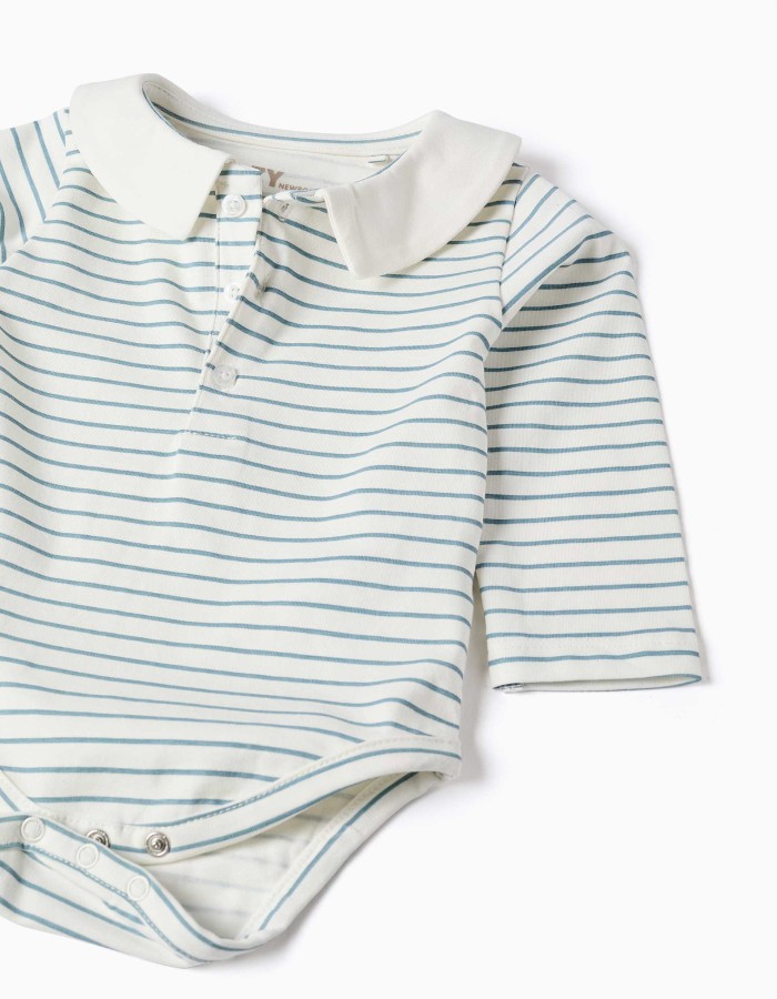 Long sleeve striped cotton bodysuit for newborn boys, white/blue