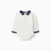 Cotton polo bodysuit with contrasting collar for newborn boys, white
