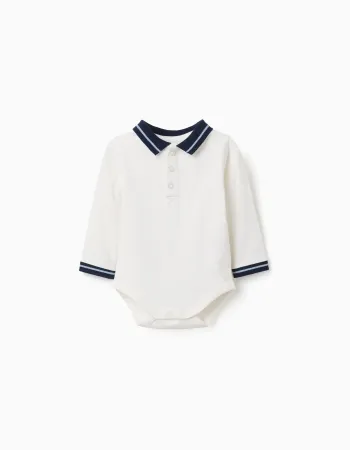 Cotton polo bodysuit with contrasting collar for newborn boys, white