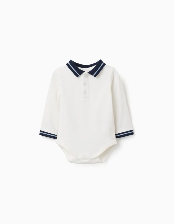 Cotton polo bodysuit with contrasting collar for newborn boys, white